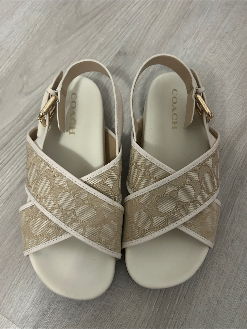 Coach Beige Signature Crossband Slingback Sandals with Gold Buckle